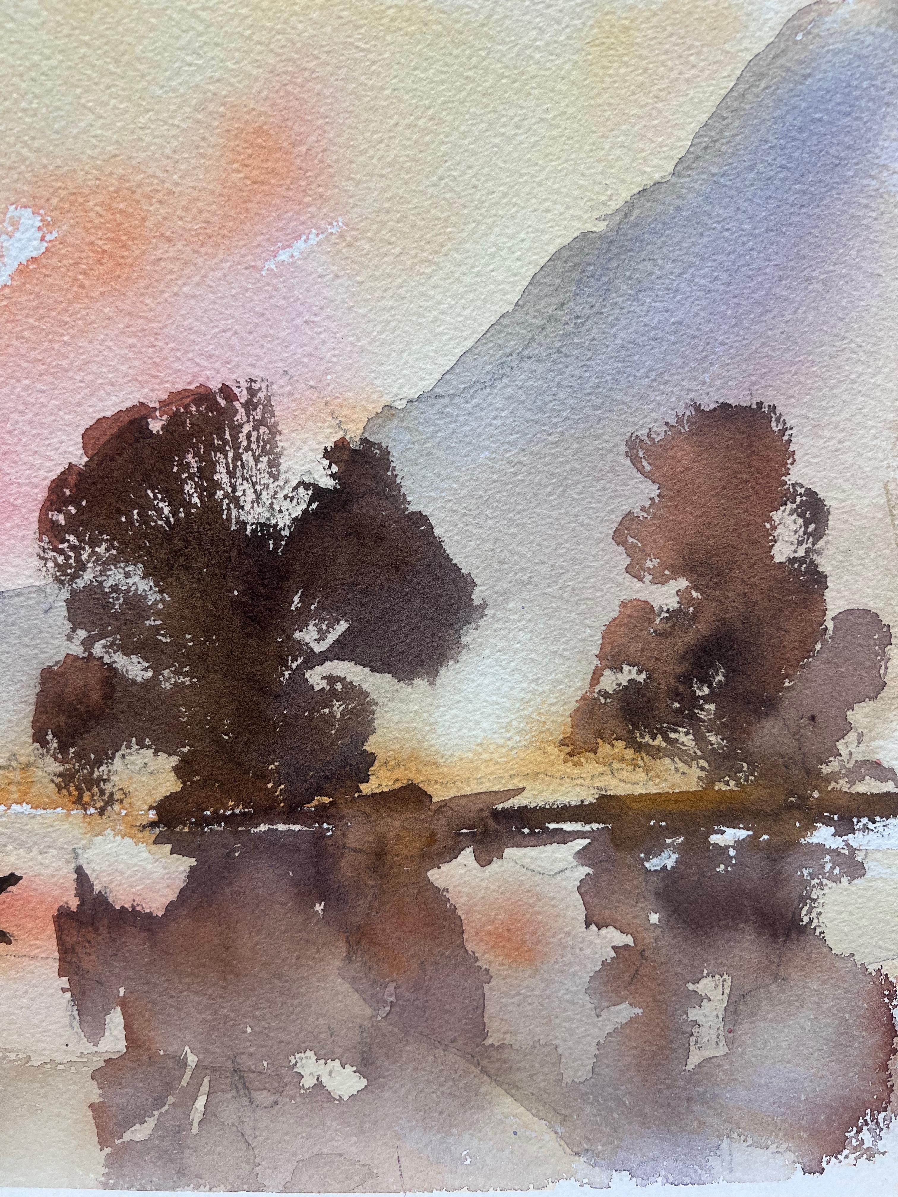 Aquarelle impressionniste originale britannique Coucher de soleil sur un paysage de montagne et de lac - Impressionnisme Painting par Anthony Avery