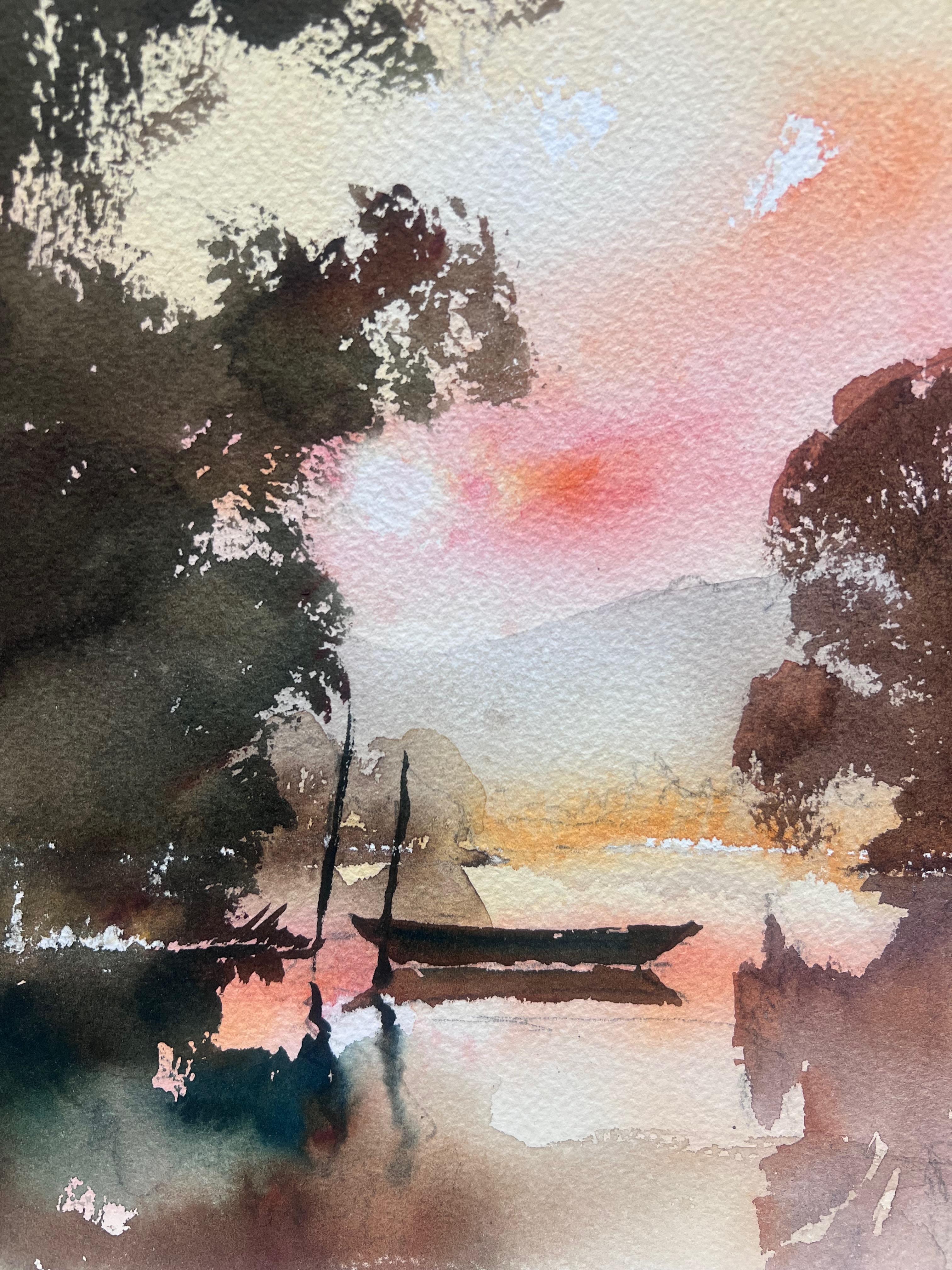 Aquarelle impressionniste originale britannique Coucher de soleil sur un paysage de montagne et de lac - Marron Landscape Painting par Anthony Avery