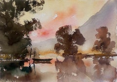 British Original Impressionist Watercolor Sunset over Mountain Lake Landscape
