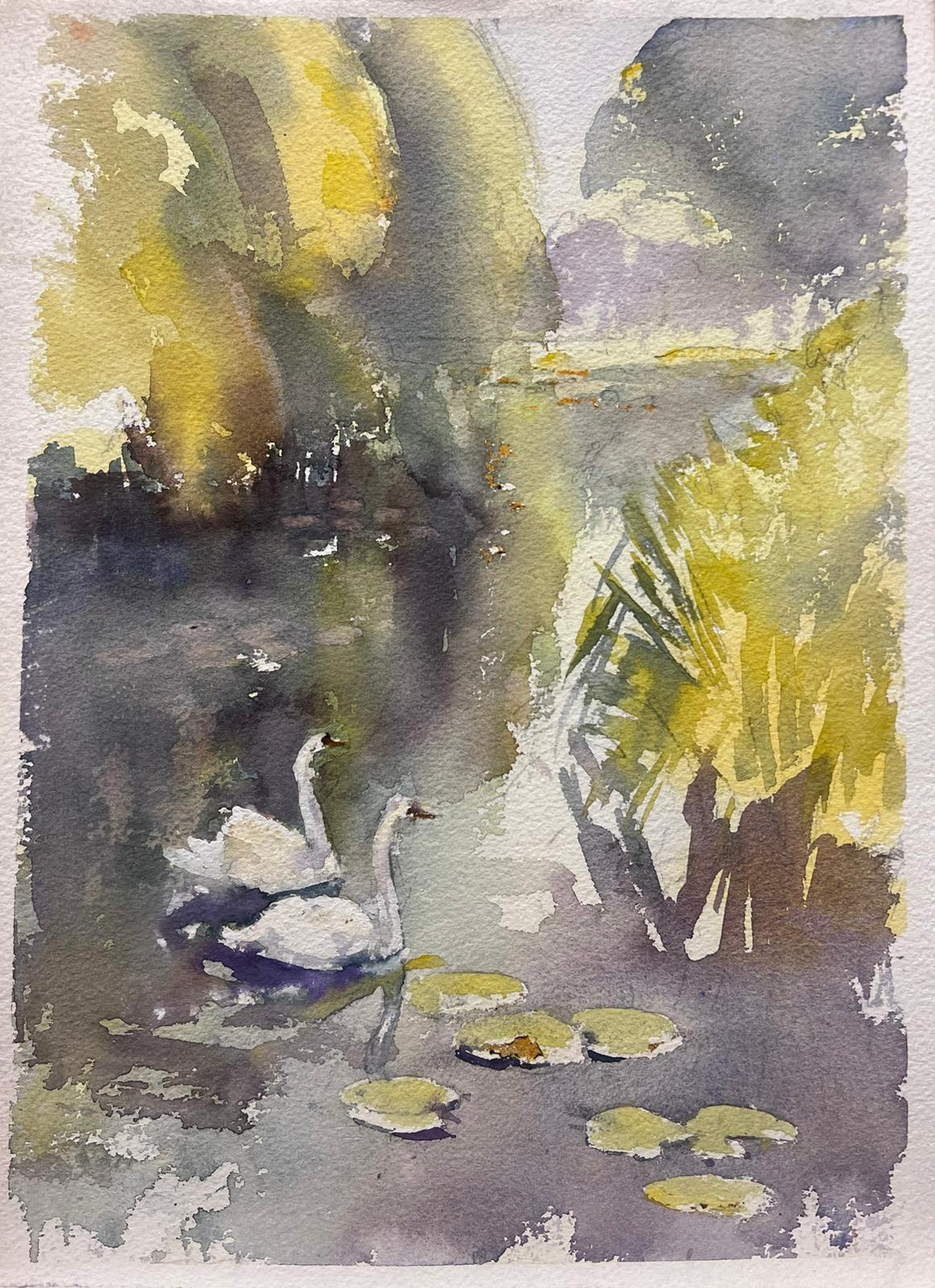 British Original Impressionist Watercolor Swans In Grey Lily Pad Stream - Painting by Anthony Avery