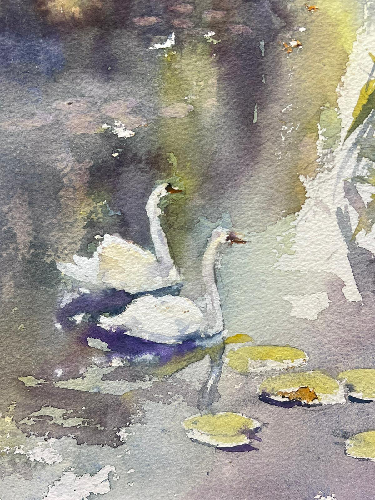 British Original Impressionist Watercolor Swans In Grey Lily Pad Stream - Brown Landscape Painting by Anthony Avery
