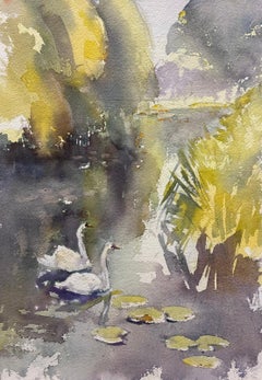 Britisches Original-impressionistisches Aquarell Schwanen-Aquarell in Grau, Lily Pad Stream, Britisch