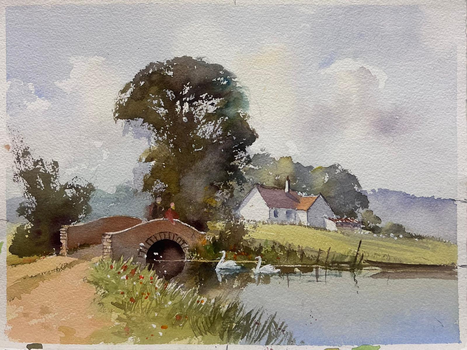 English Impressionist originale acquerello cigni su vecchio paesaggio fluviale inglese - Painting di Anthony Avery
