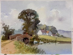 British Original Impressionist Watercolor Swans on Old English River Landscape