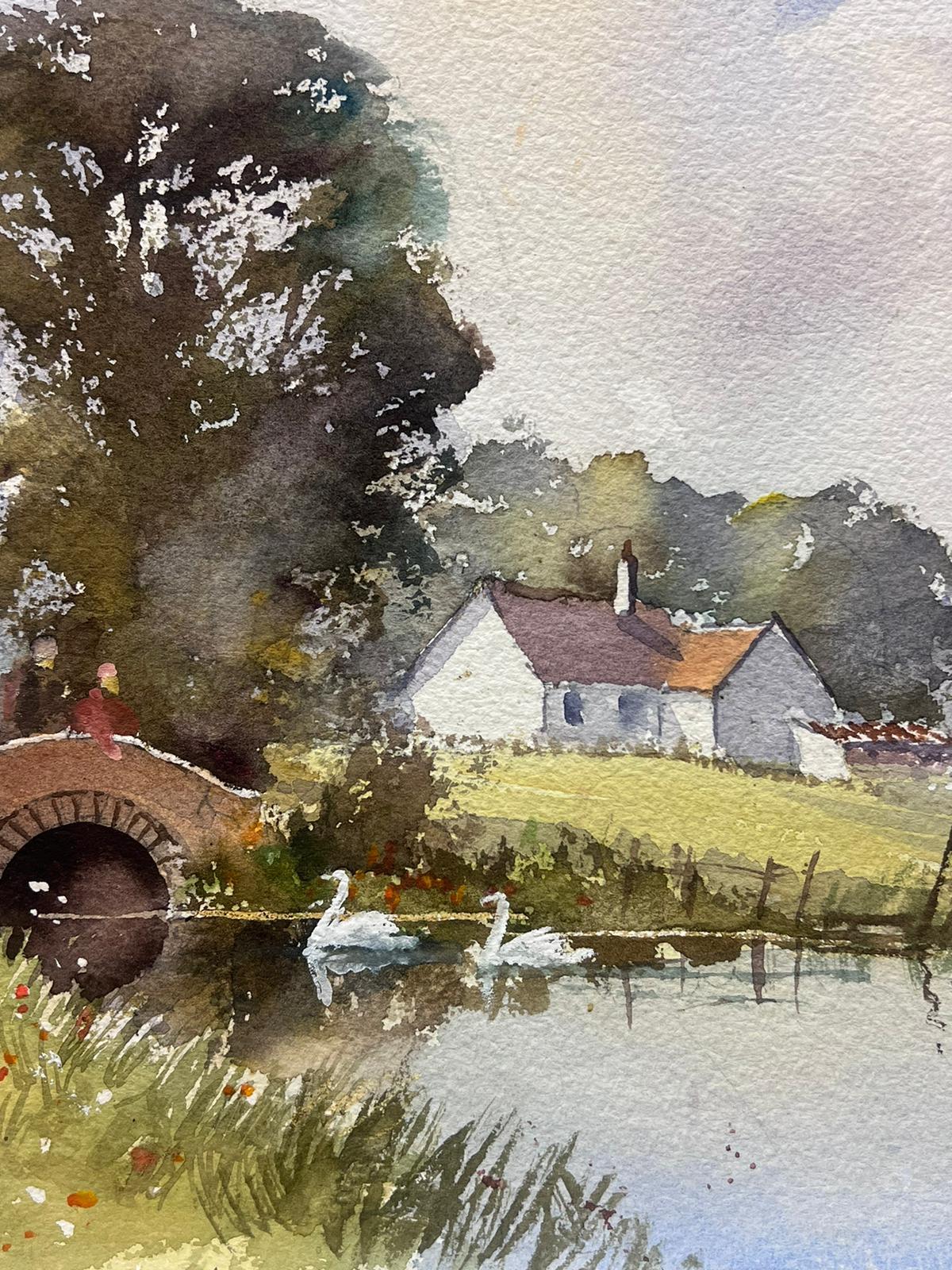 English Impressionist originale acquerello cigni su vecchio paesaggio fluviale inglese - Painting Impressionismo di Anthony Avery