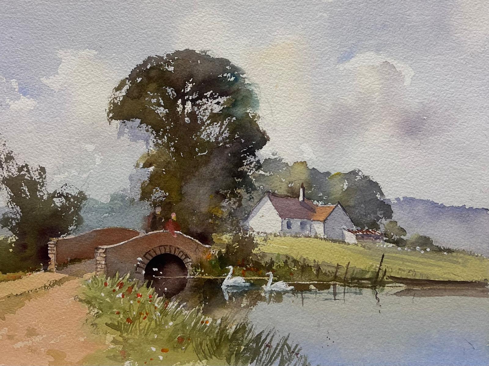 Landscape Painting di Anthony Avery - English Impressionist originale acquerello cigni su vecchio paesaggio fluviale inglese