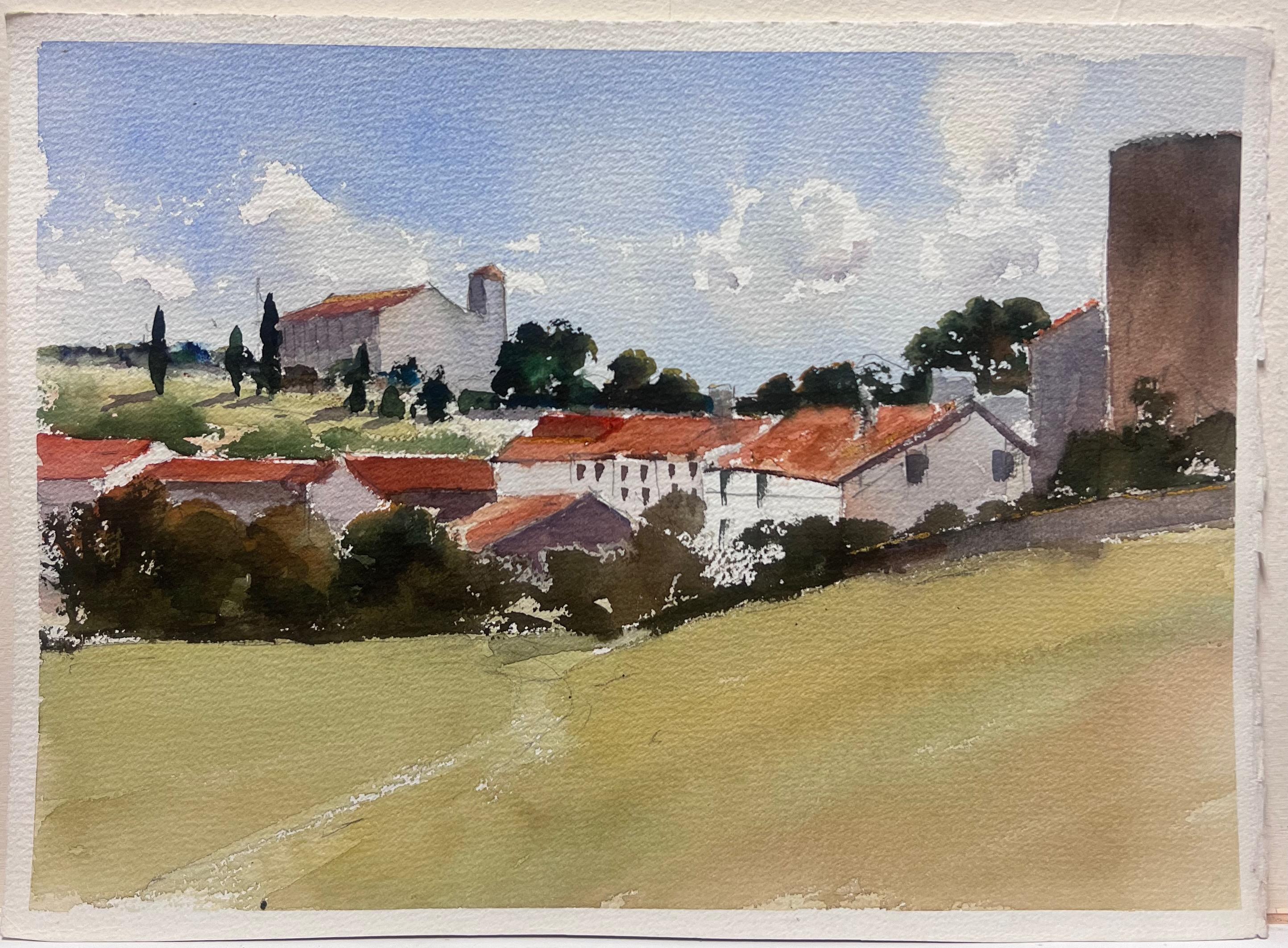 Britisches Original-impressionistisches Aquarell, toskanische Landschaft, alte Häuser und Bäume, Original – Painting von Anthony Avery
