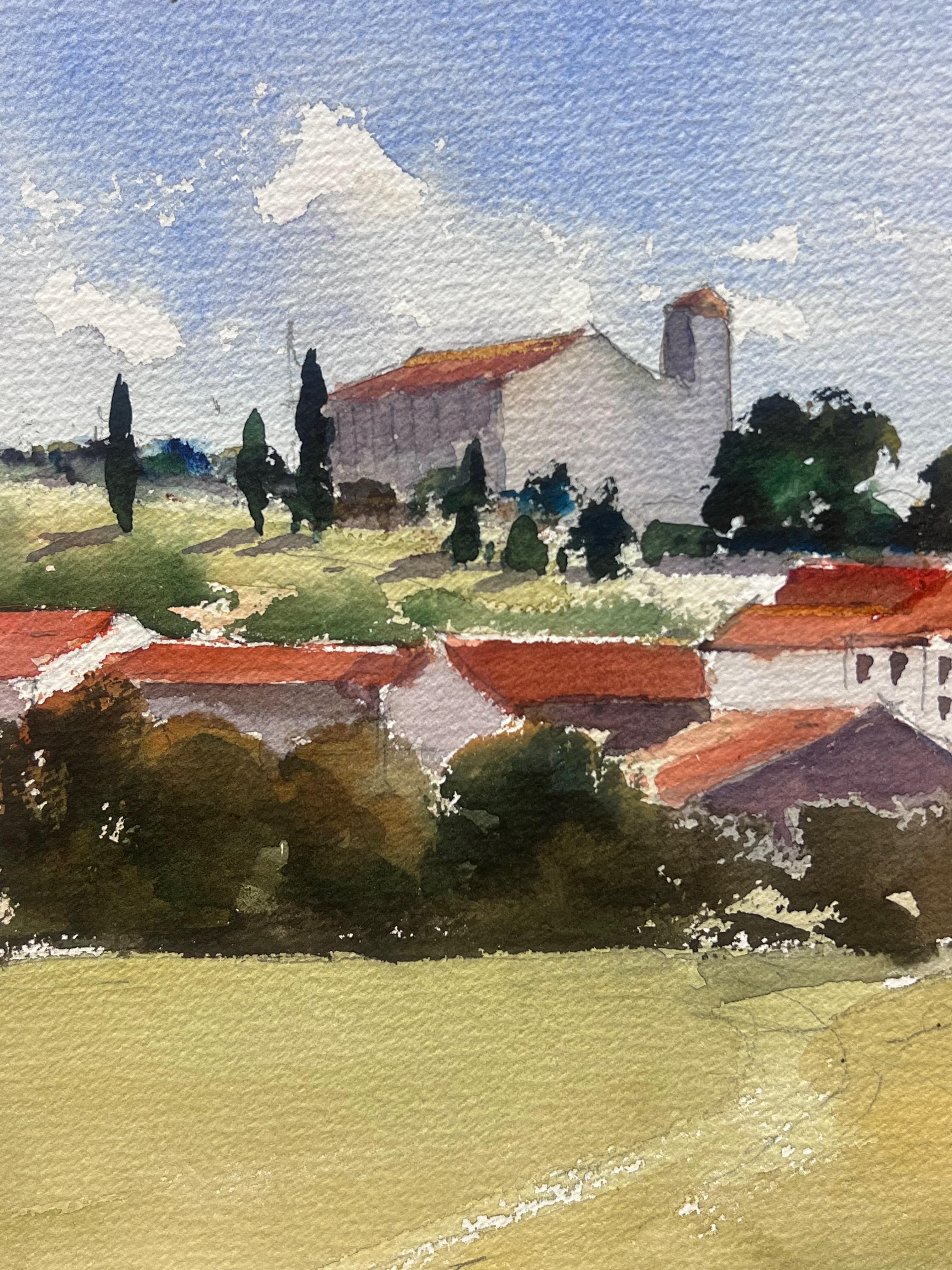 Britisches Original-impressionistisches Aquarell, toskanische Landschaft, alte Häuser und Bäume, Original (Impressionismus), Painting, von Anthony Avery