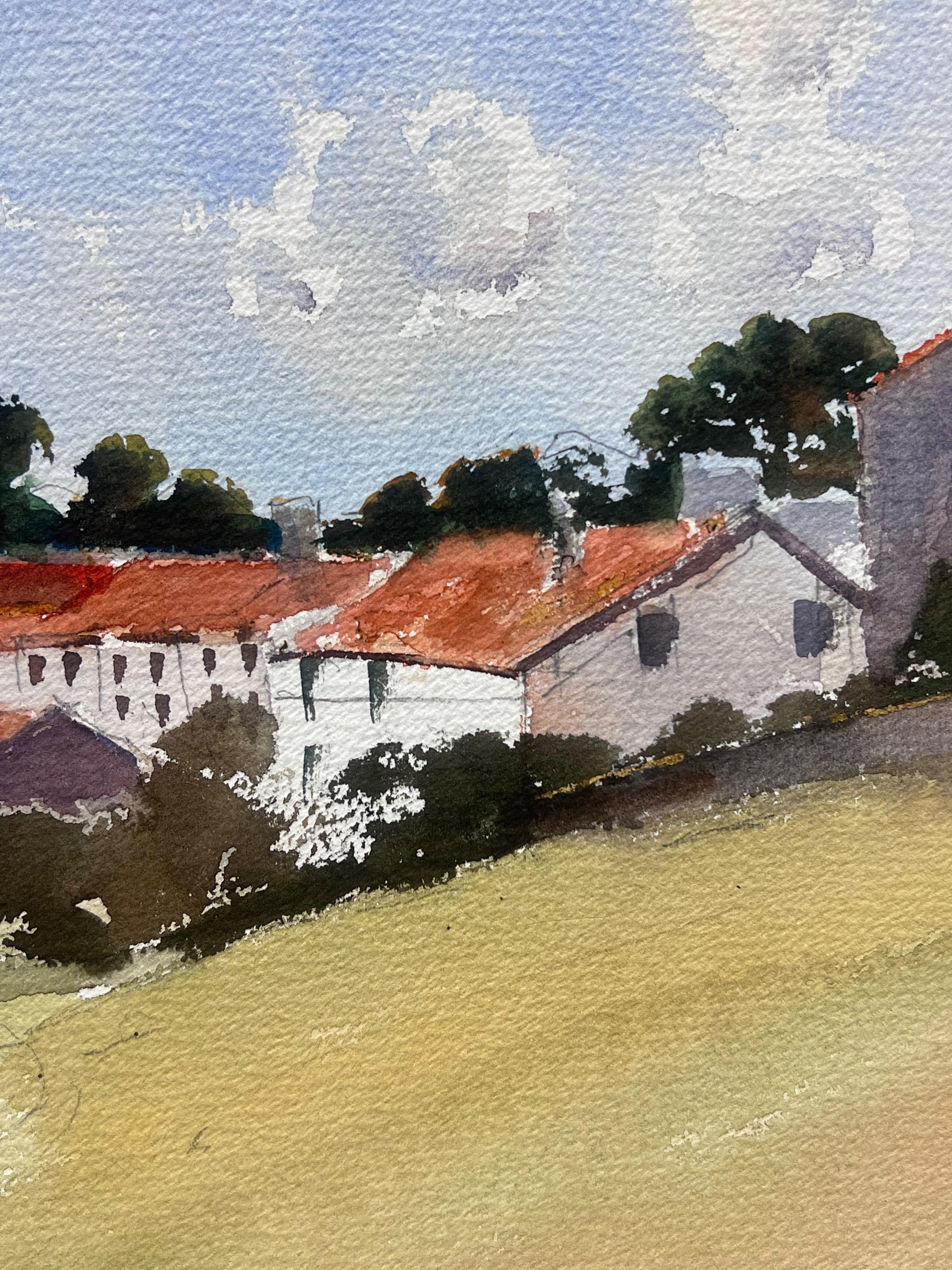 Britisches Original-impressionistisches Aquarell, toskanische Landschaft, alte Häuser und Bäume, Original (Braun), Landscape Painting, von Anthony Avery