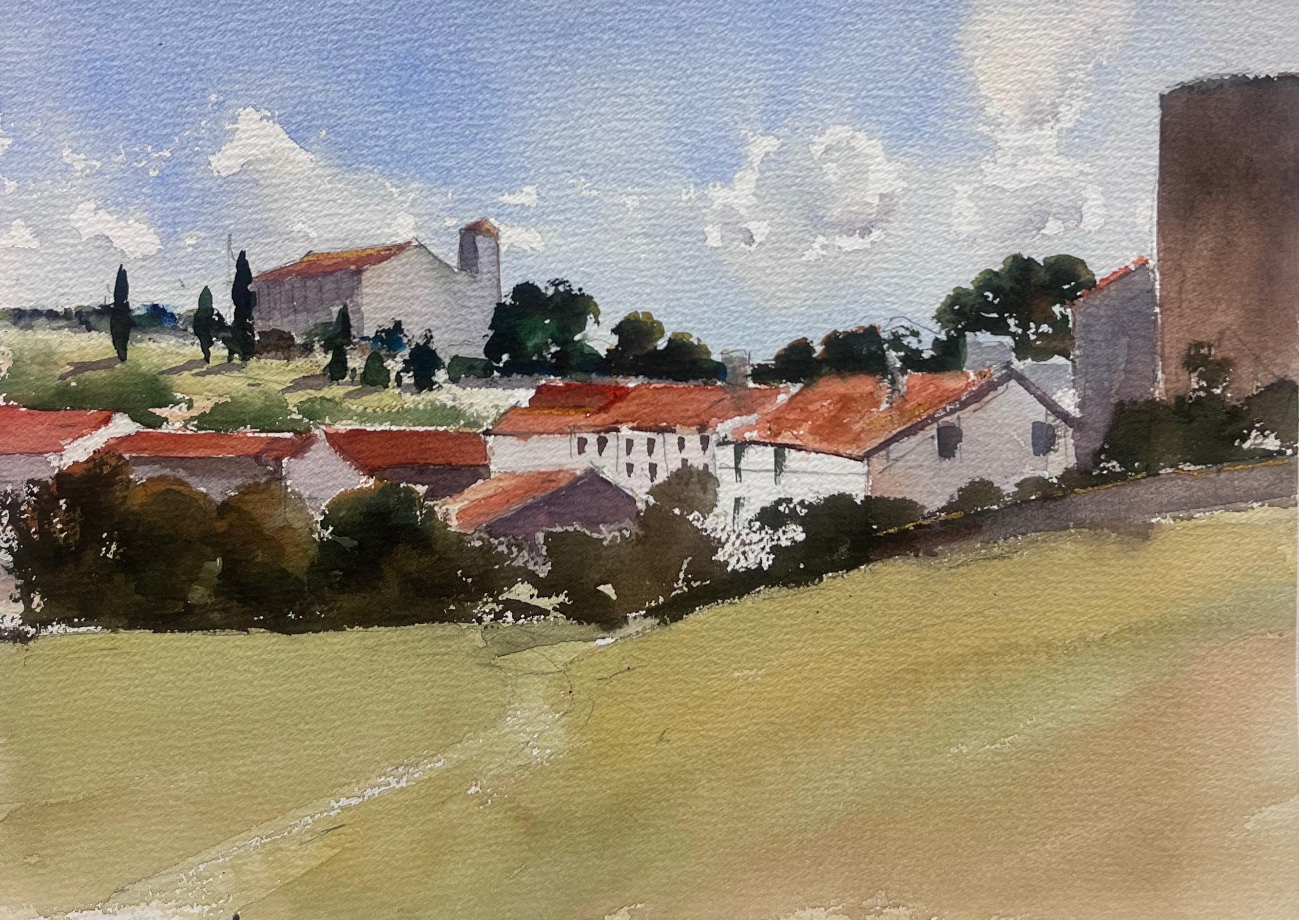 Anthony Avery Landscape Painting – Britisches Original-impressionistisches Aquarell, toskanische Landschaft, alte Häuser und Bäume, Original