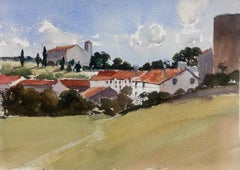 Britisches Original-impressionistisches Aquarell, toskanische Landschaft, alte Häuser und Bäume, Original