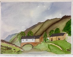 Britisch Original Impressionistisches Aquarell Welsh Cottages & River in Valley, britisches Original