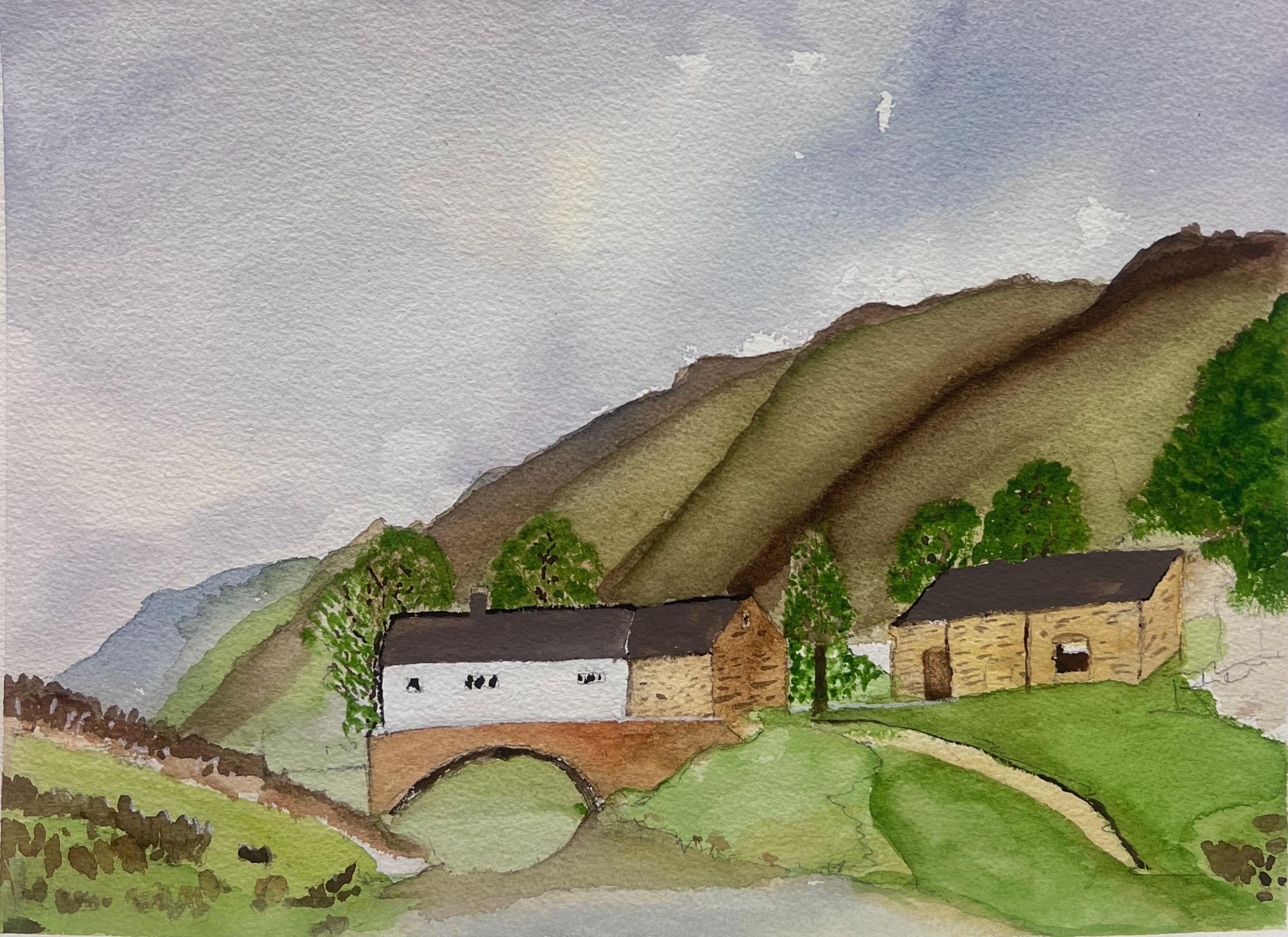 Landscape Painting di Anthony Avery - Originale acquerello impressionista britannico Cottage e fiume nella valle del Galles