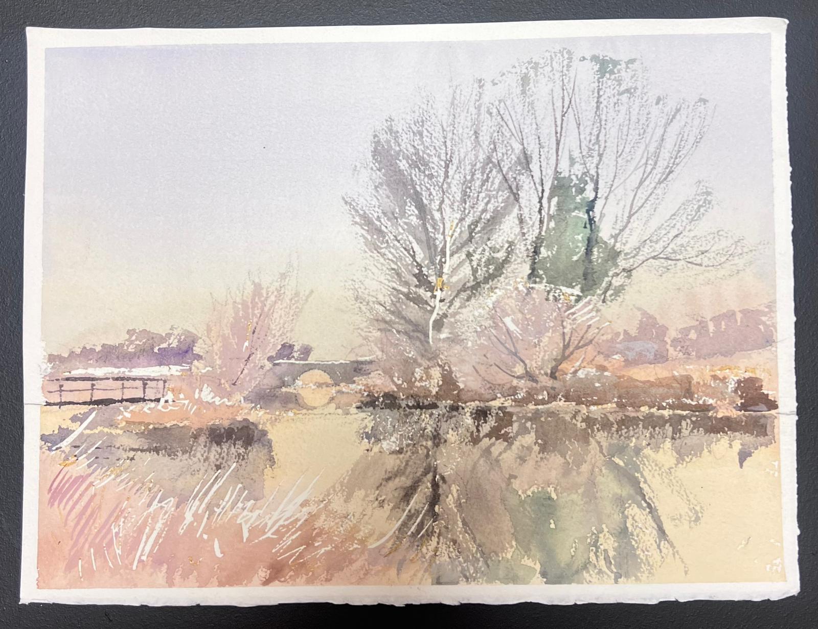 Britische Original Impressionist Aquarell Weiß gefrorenen Fluss eisigen Winter-Szene – Painting von Anthony Avery