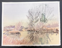 British Original Impressionist Watercolor White Frozen River Icy Winter Scene