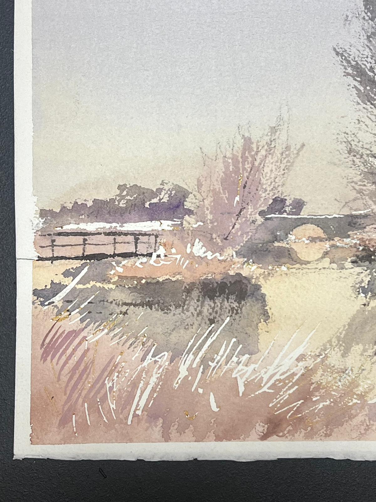 Britische Original Impressionist Aquarell Weiß gefrorenen Fluss eisigen Winter-Szene (Impressionismus), Painting, von Anthony Avery