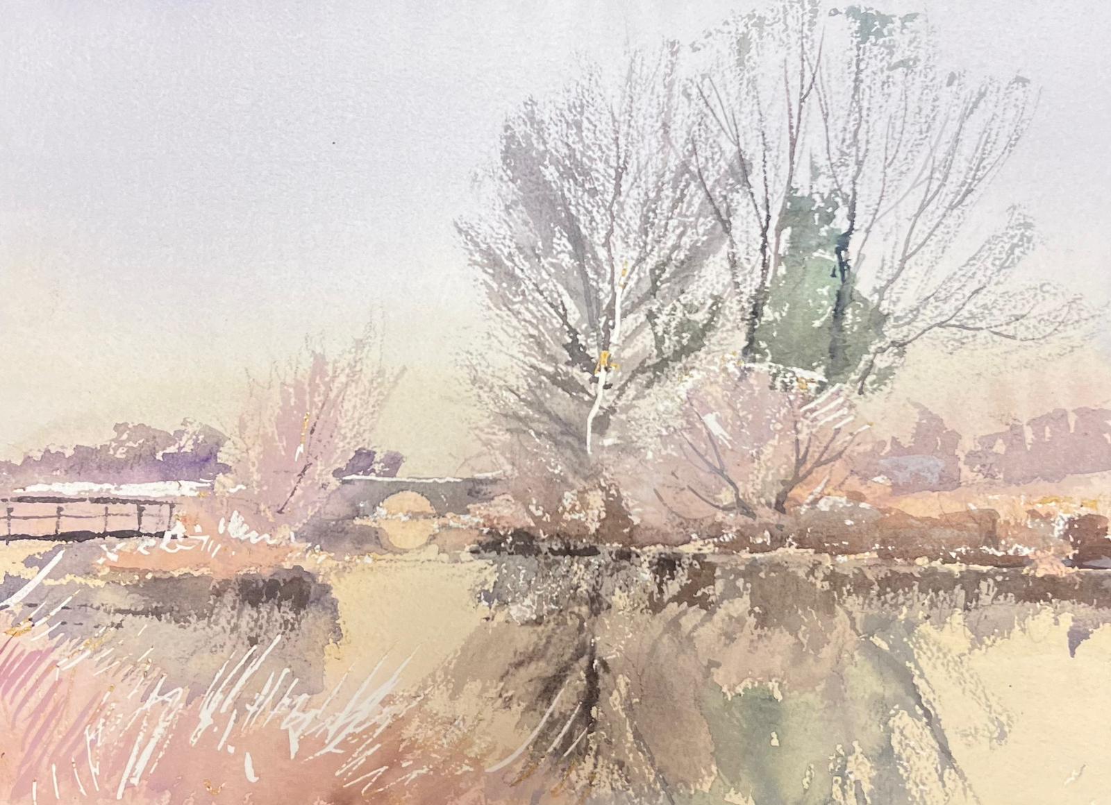 Britische Original Impressionist Aquarell Weiß gefrorenen Fluss eisigen Winter-Szene im Angebot 1