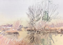 British Original Impressionist Watercolor White Frozen River Icy Winter Scene