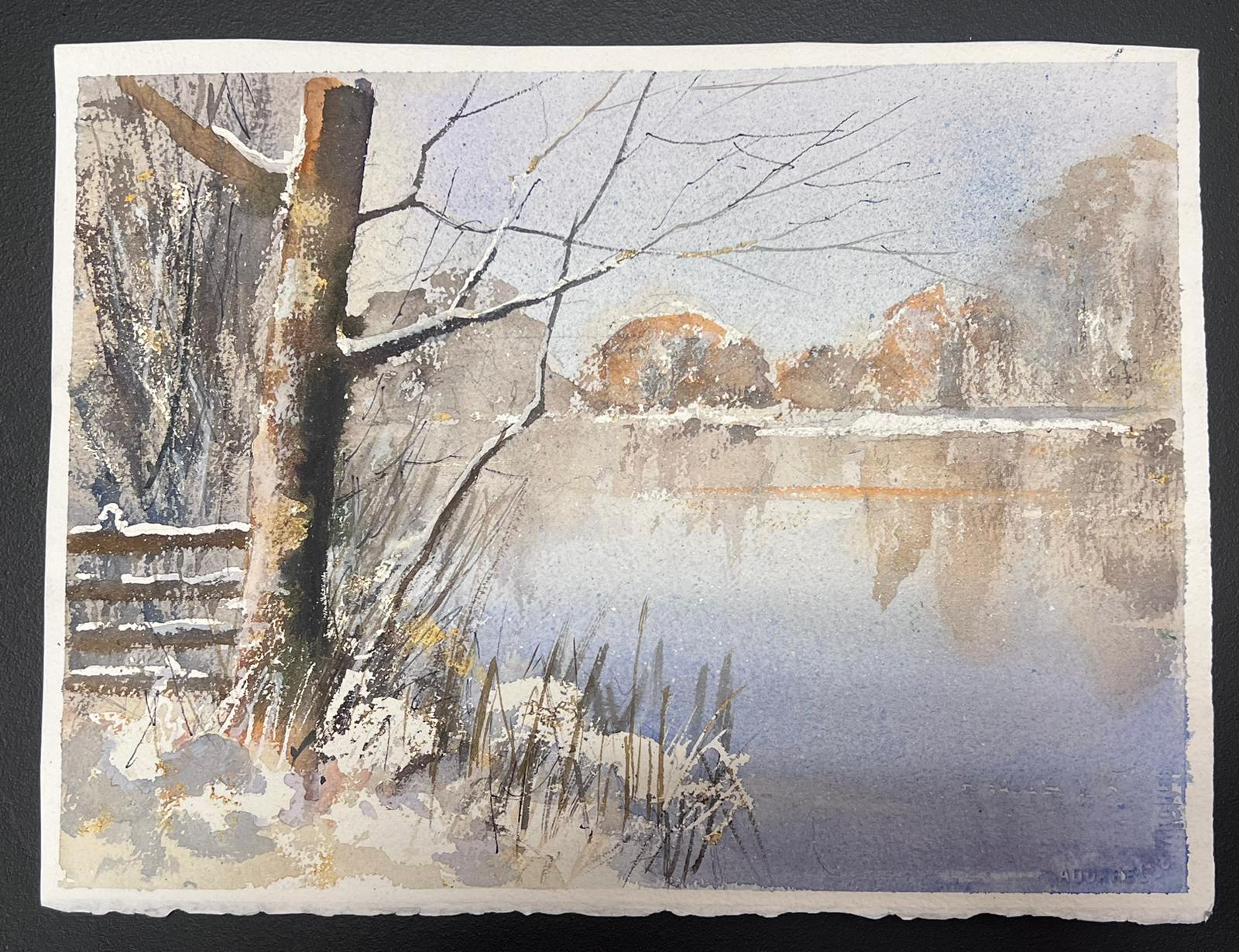 Acuarela original británica impresionista Lago nevado en invierno en venta 1