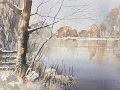British Original Impressionist Watercolor Winter Snowy Lake