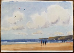 British Original Watercolor of a Beach Scene with Kite Flyers