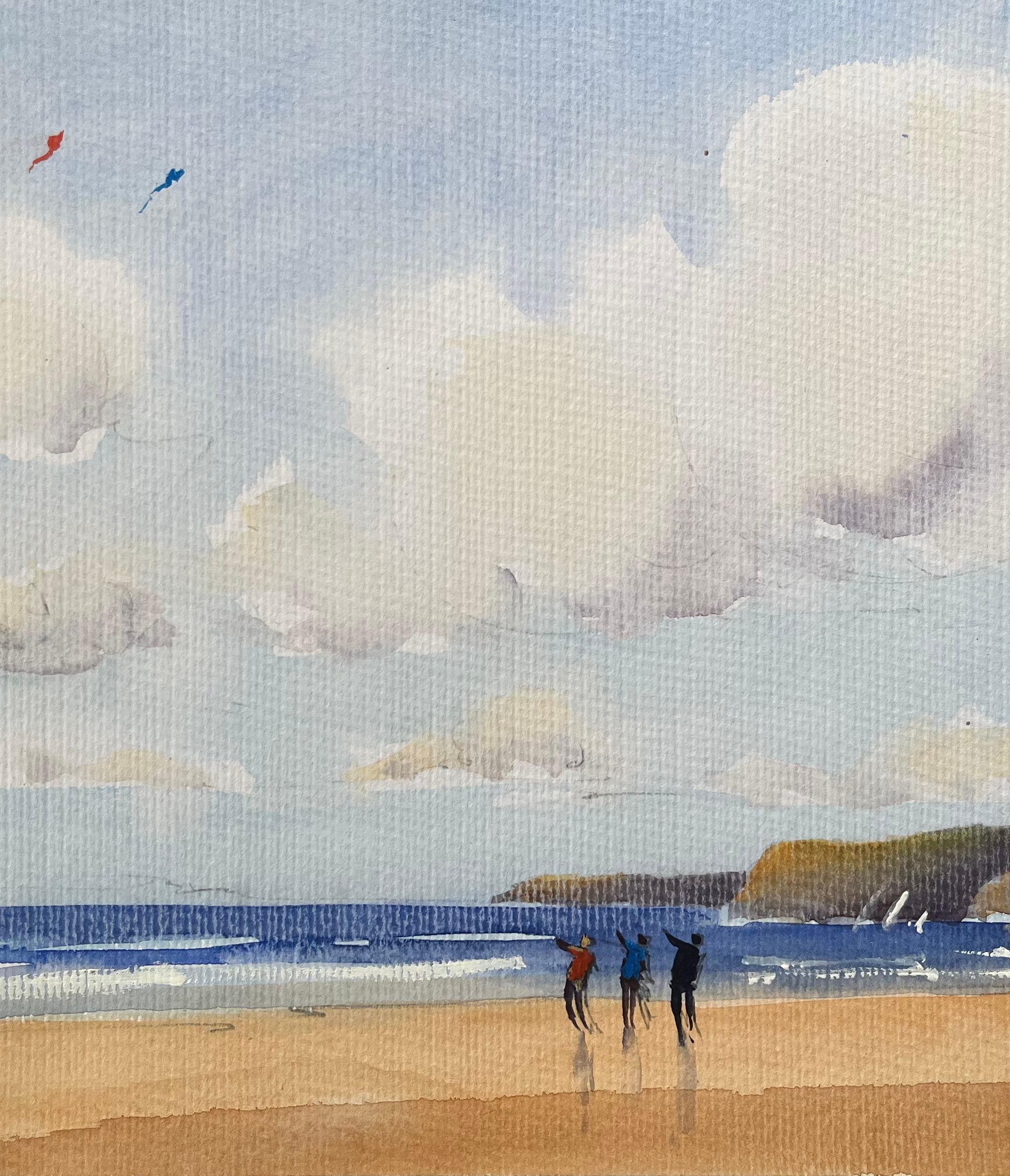 Britisches Original-Aquarell einer Strandszene mit Kite-Fliegenfliegen (Grau), Landscape Painting, von Anthony Avery