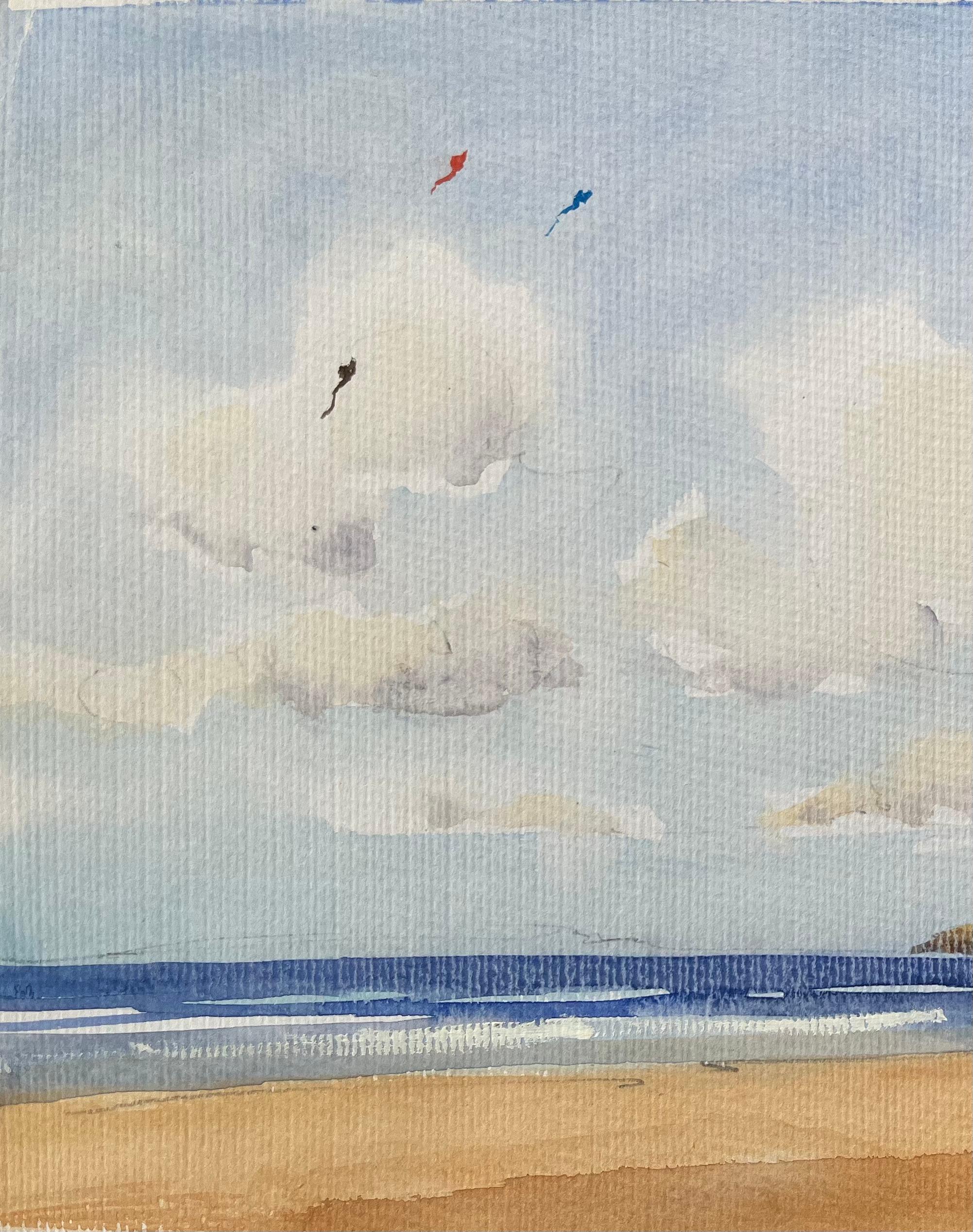 Titel: Britisches Original-Aquarell einer Strandszene mit Drachenfliegern
Von Anthony Avery (Brite 1946-2023)
Original-Aquarell auf Künstlerpapier, ungerahmt
Abmessungen: 10,75 x 14,75 Zoll (Höhe x Breite)
Zustand: Gut, mit leichten