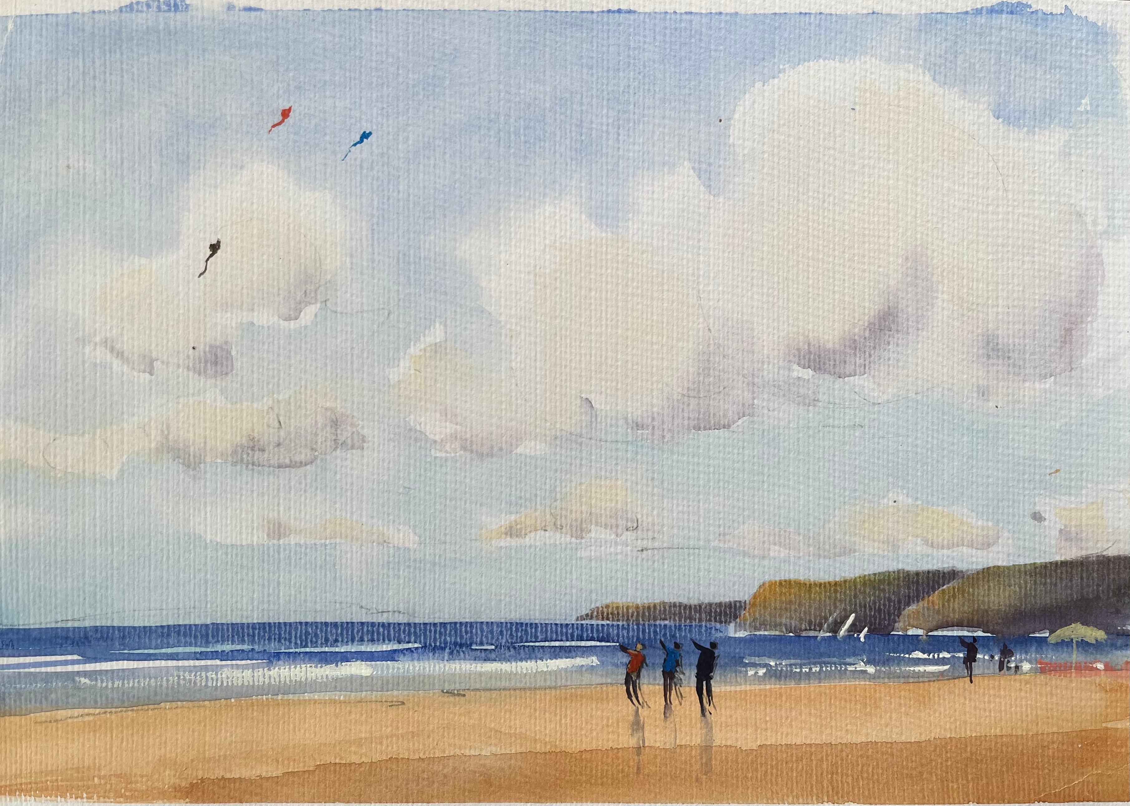 Aquarelle britannique originale d'une scène de plage avec des voleurs de cerfs-volants