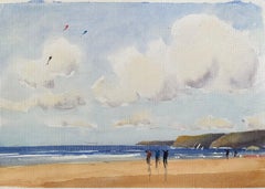British Original Watercolor of a Beach Scene with Kite Flyers