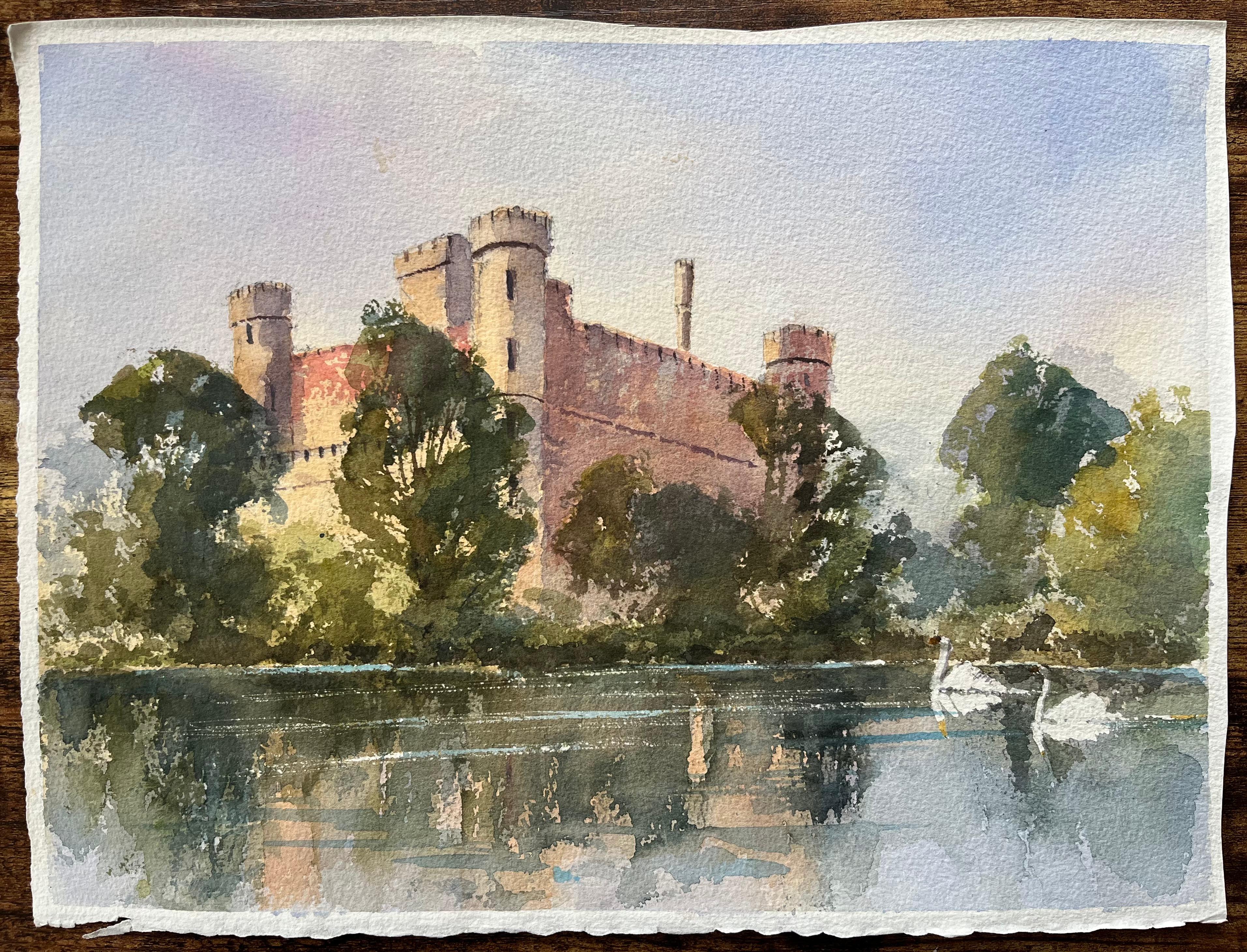 Aquarelle originale britannique représentant un château et des cygnes sur la rivière - Painting de Anthony Avery