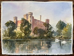 Acquerello originale britannico di un castello e cigni sul fiume