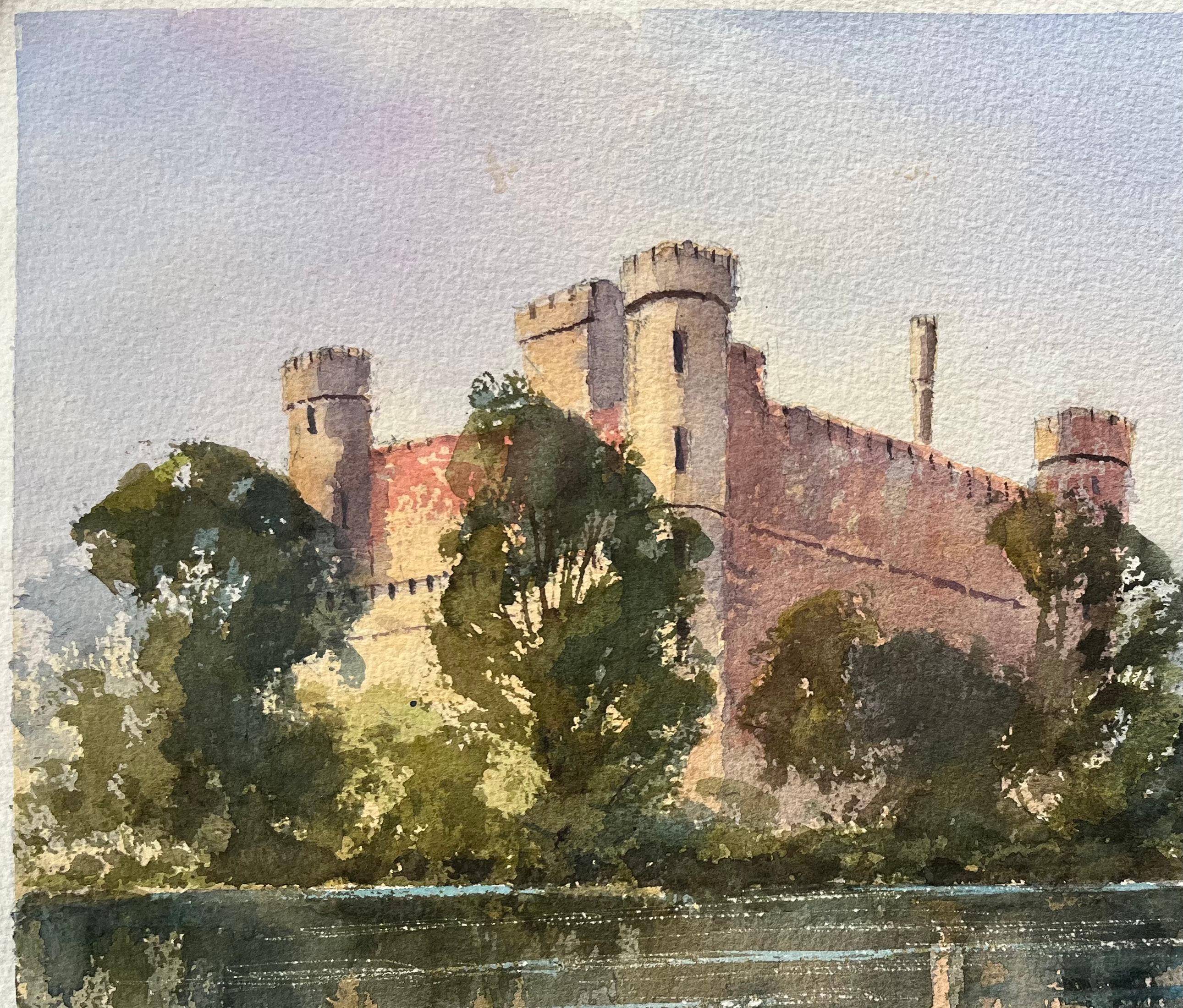 Aquarelle originale britannique représentant un château et des cygnes sur la rivière - Impressionnisme Painting par Anthony Avery