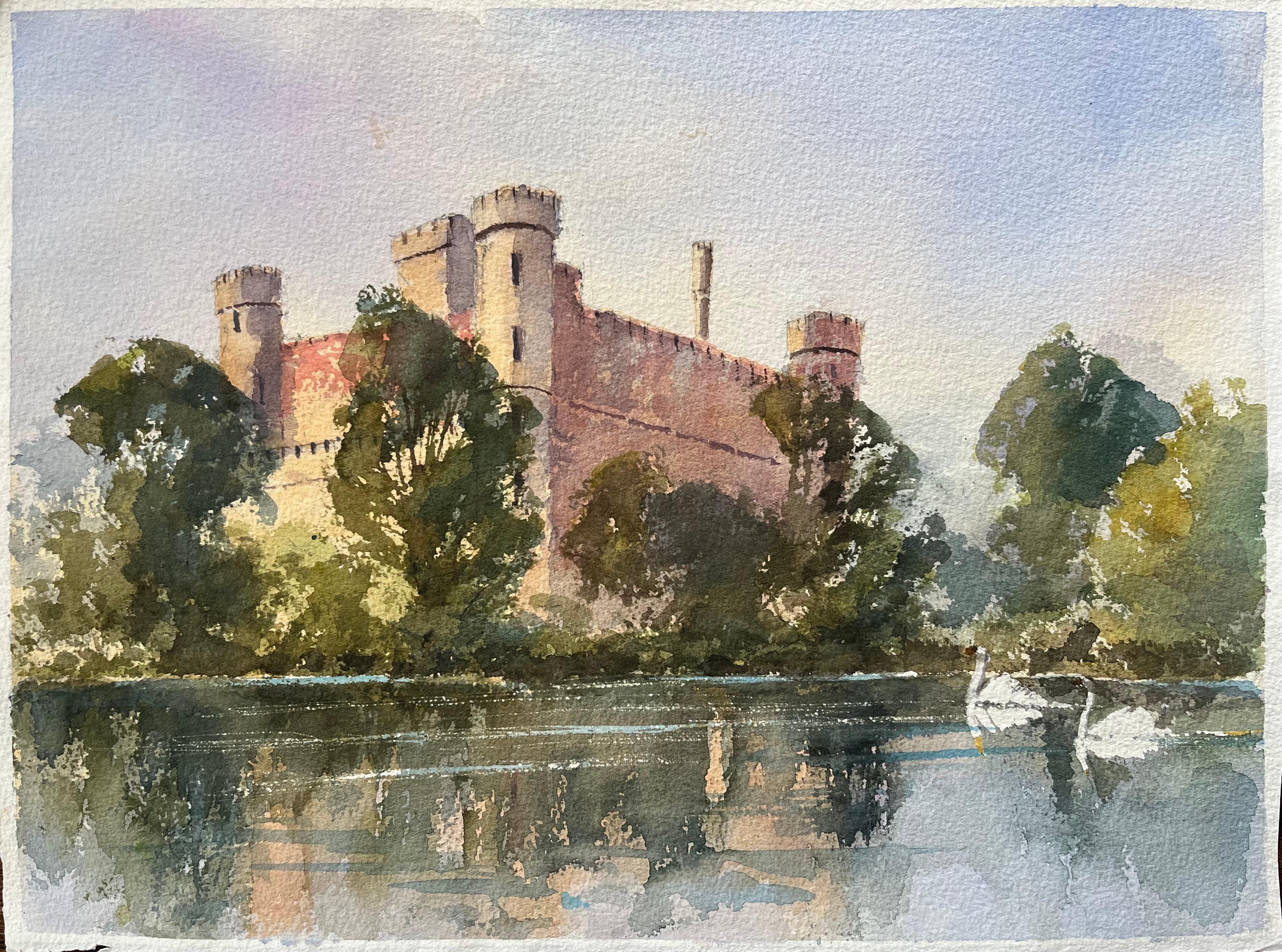 Landscape Painting Anthony Avery - Aquarelle originale britannique représentant un château et des cygnes sur la rivière