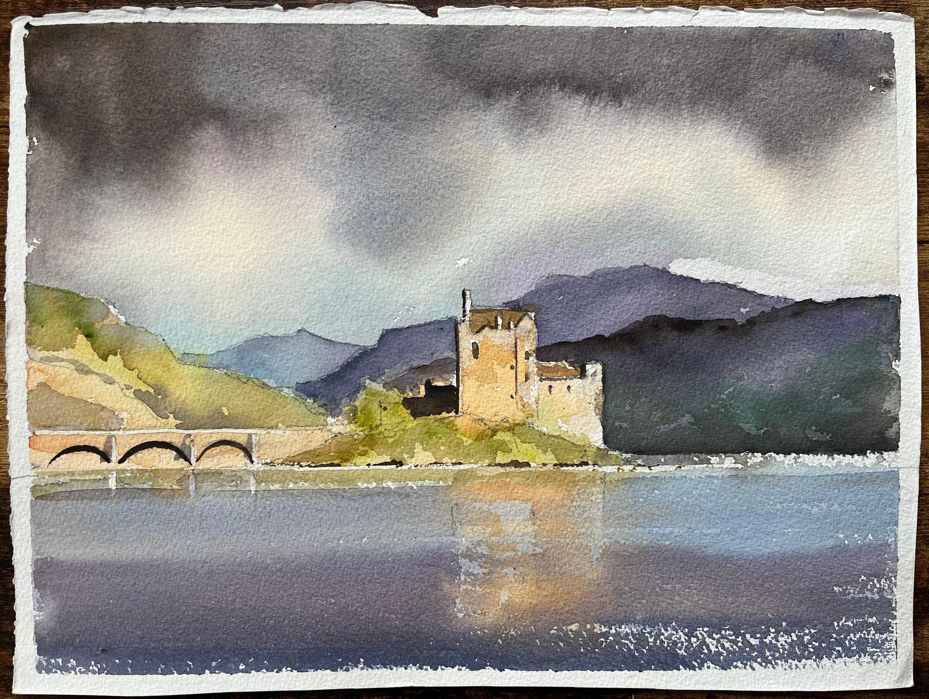 Acuarela Original Británica Castillo de Eilean Donan Escocia Escena del Lago Cielo Dramático - Painting de Anthony Avery