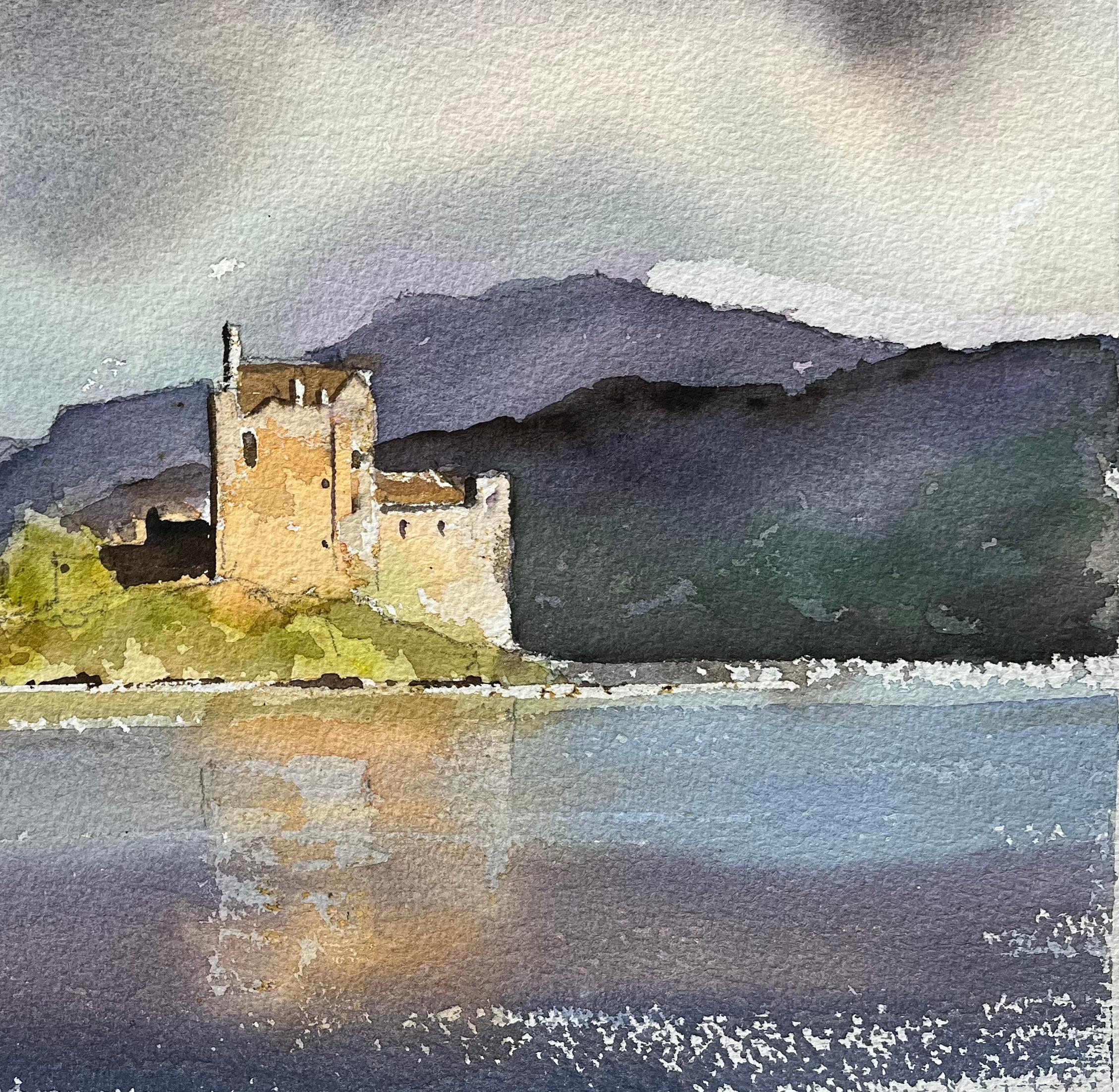 Acuarela Original Británica Castillo de Eilean Donan Escocia Escena del Lago Cielo Dramático - Painting Impresionista de Anthony Avery