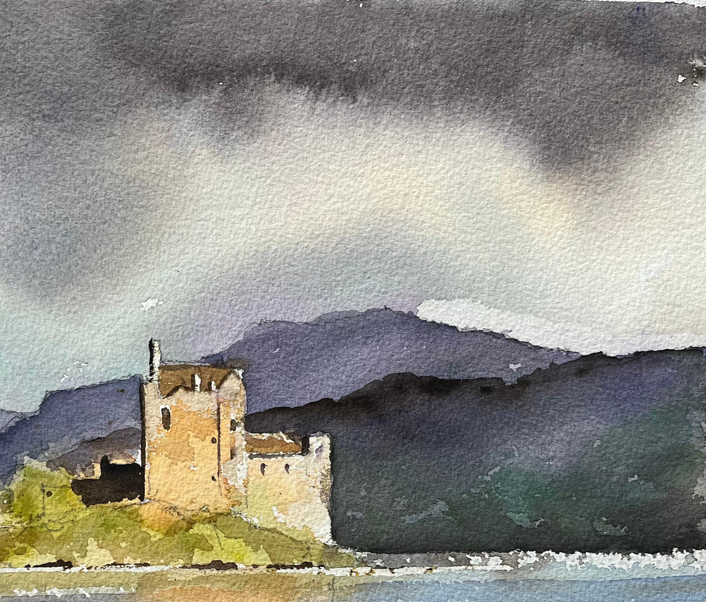 Acuarela Original Británica Castillo de Eilean Donan Escocia Escena del Lago Cielo Dramático - Landscape Painting Gris de Anthony Avery