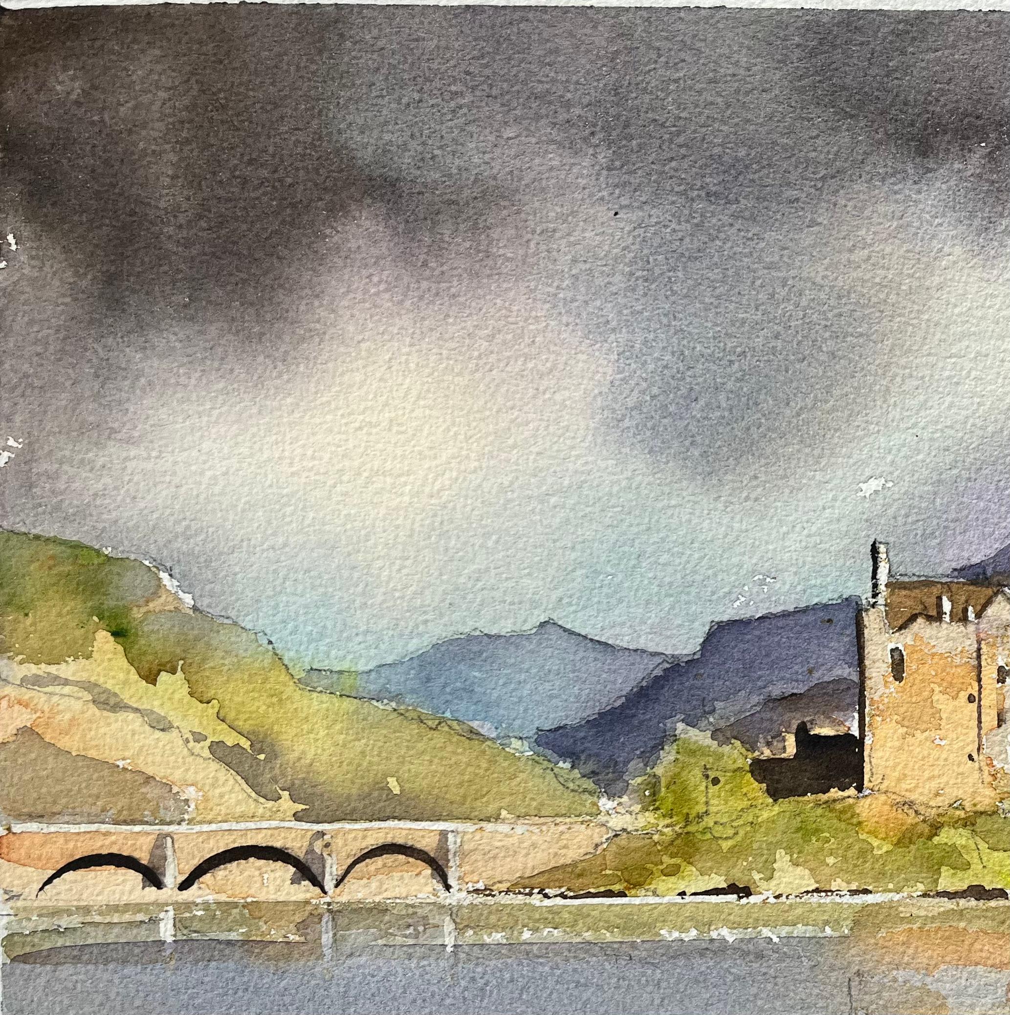 Acuarela Original Británica Castillo de Eilean Donan Escocia Escena del Lago Cielo Dramático en venta 1