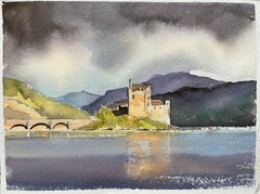 British Original Watercolor Eilean Donan Castle Scotland Loch Scene Dramatic Sky