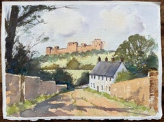 British Original Watercolor of a Castle View from a Country Road