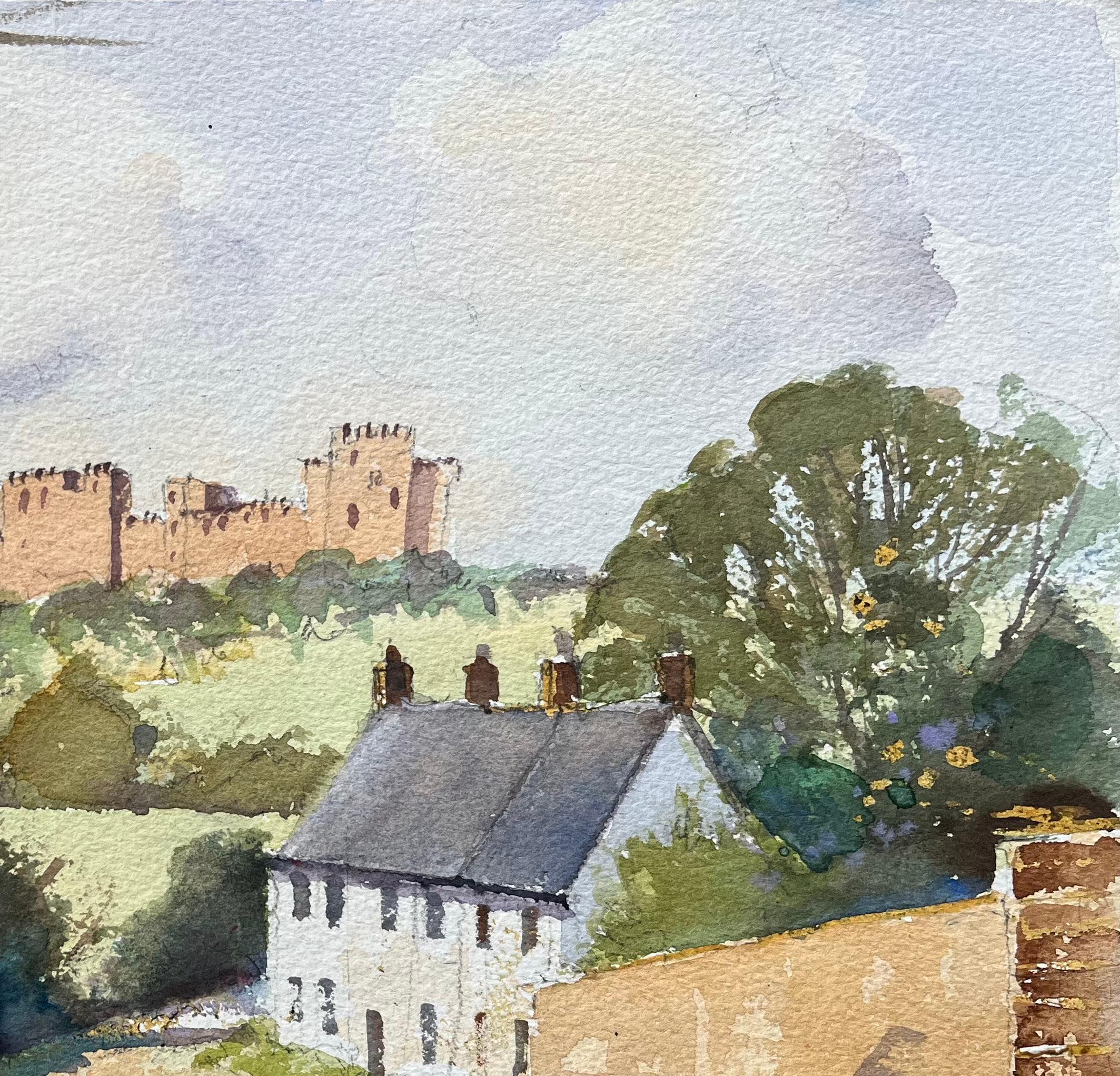 Britisches Original-Aquarell einer Schlossansicht von einer Landstraße aus (Grau), Landscape Painting, von Anthony Avery