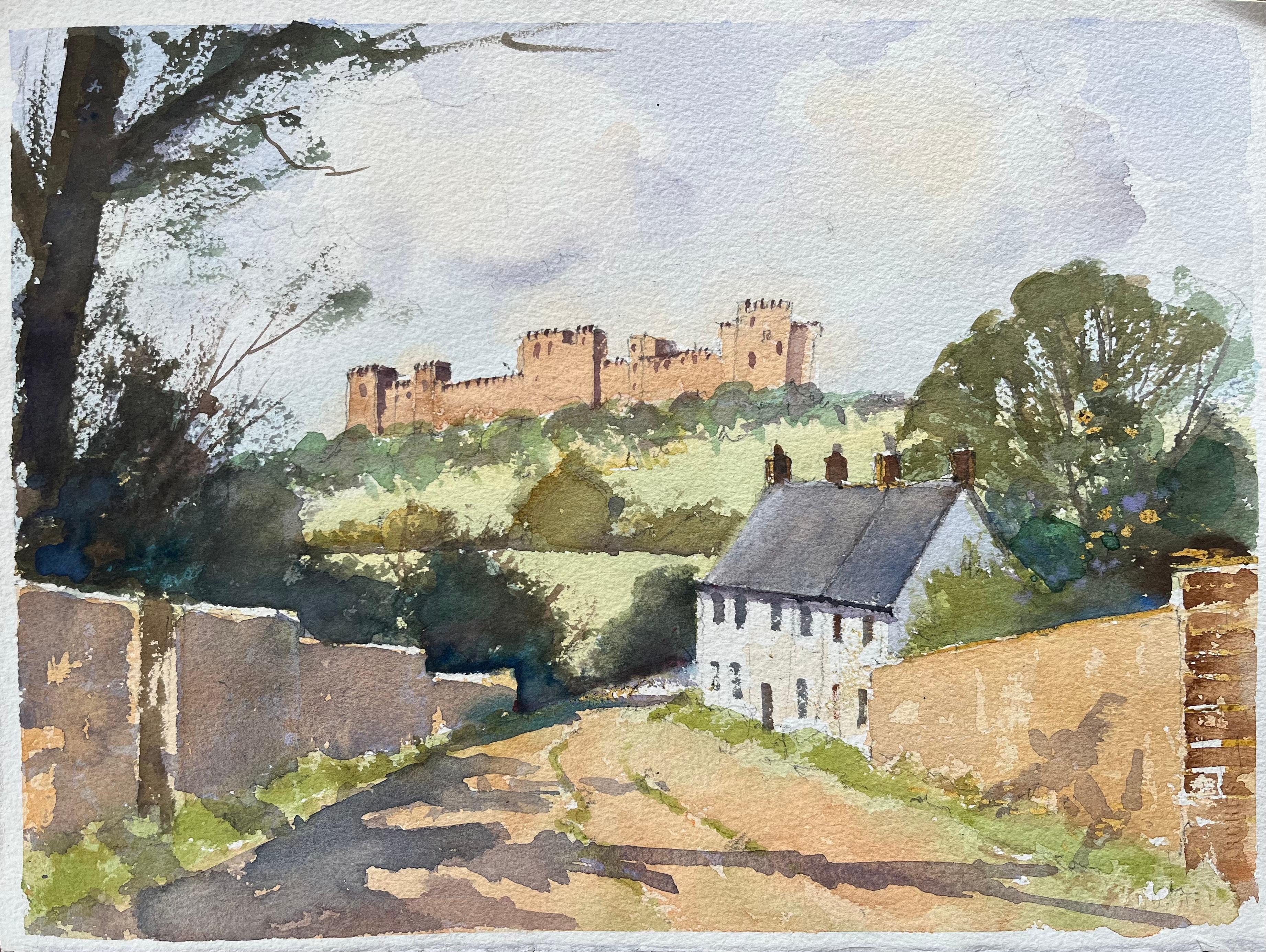 Britisches Original-Aquarell einer Schlossansicht von einer Landstraße aus