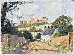 British Original Watercolor of a Castle View from a Country Road