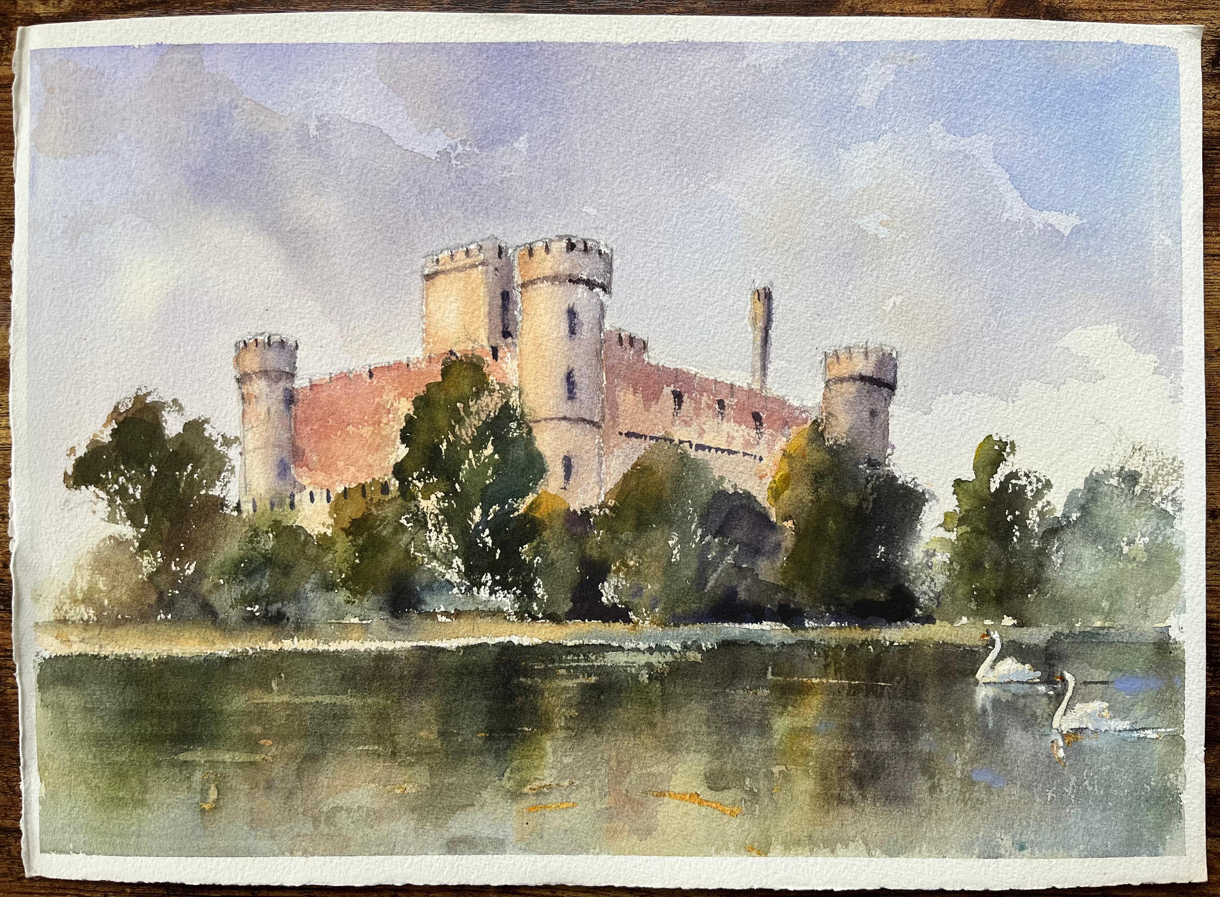 Britisches Original-Aquarell eines Schlosses mit Schwanen auf dem Fluss – Painting von Anthony Avery