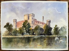 Britisches Original-Aquarell eines Schlosses mit Schwanen auf dem Fluss