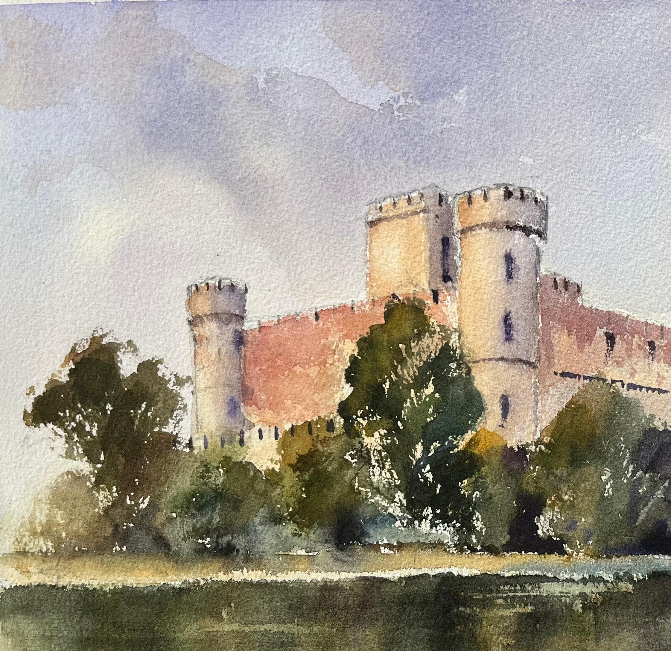Britisches Original-Aquarell eines Schlosses mit Schwanen auf dem Fluss (Impressionismus), Painting, von Anthony Avery