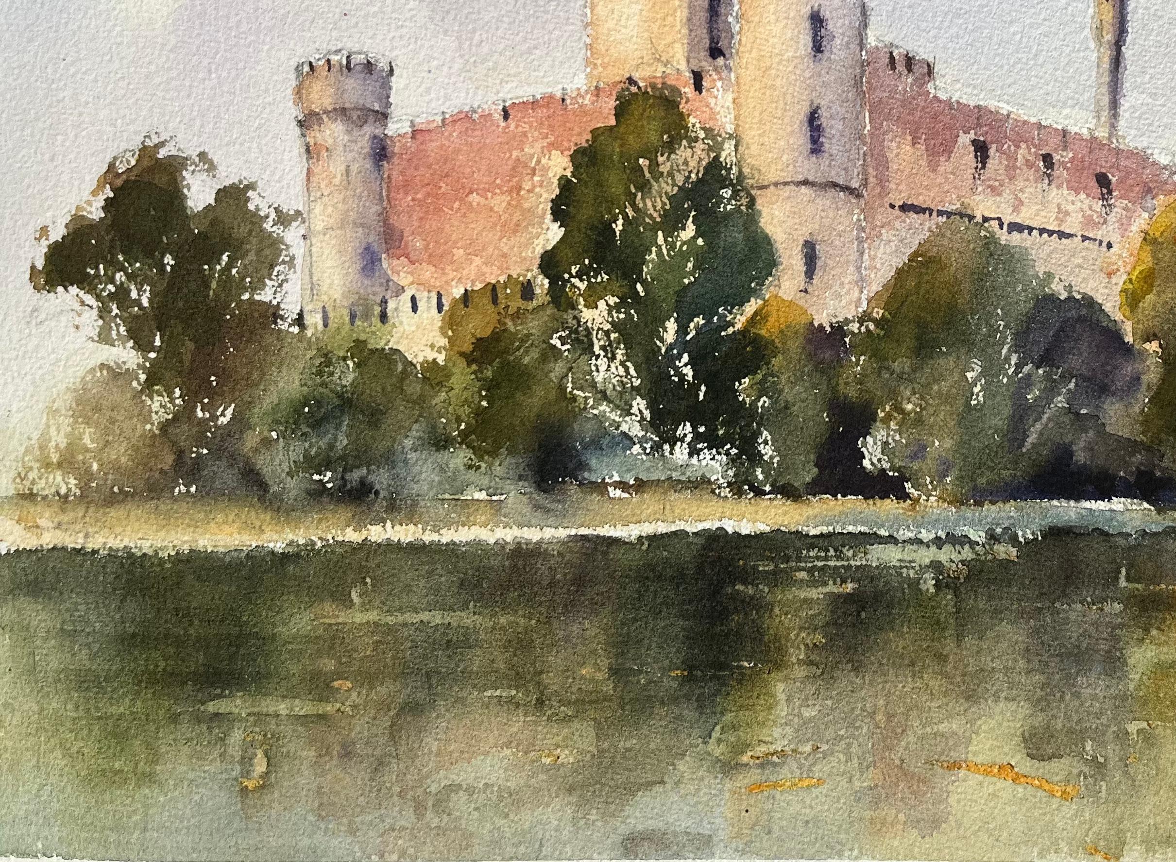 Britisches Original-Aquarell eines Schlosses mit Schwanen auf dem Fluss im Angebot 1