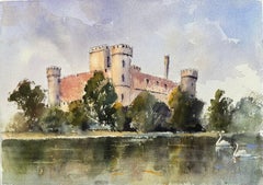 British Original Watercolor of a Castle with Swans on the River