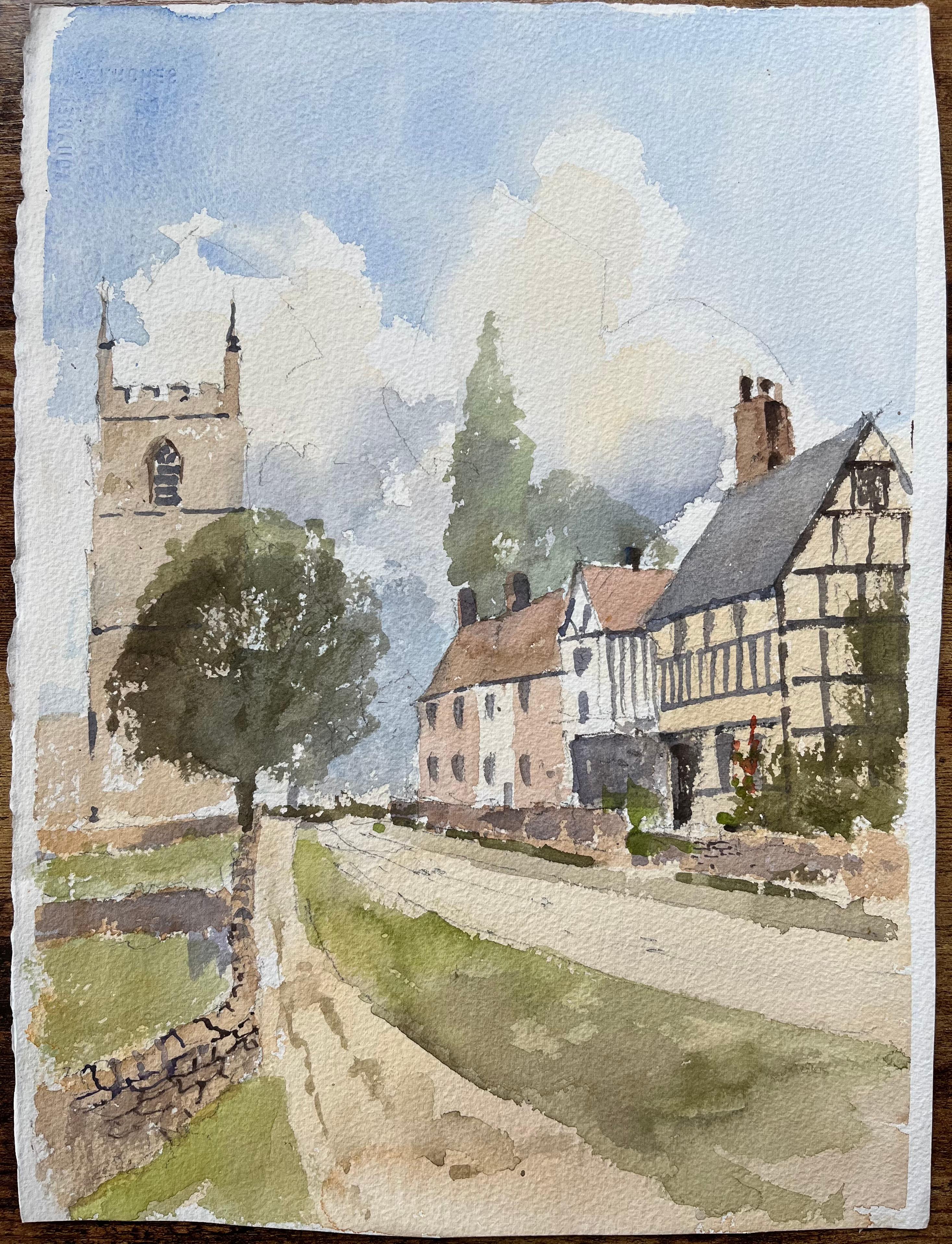 Britisches Original-Aquarell einer Kirche und Tudor-Haus in einem Dorfsitz – Painting von Anthony Avery