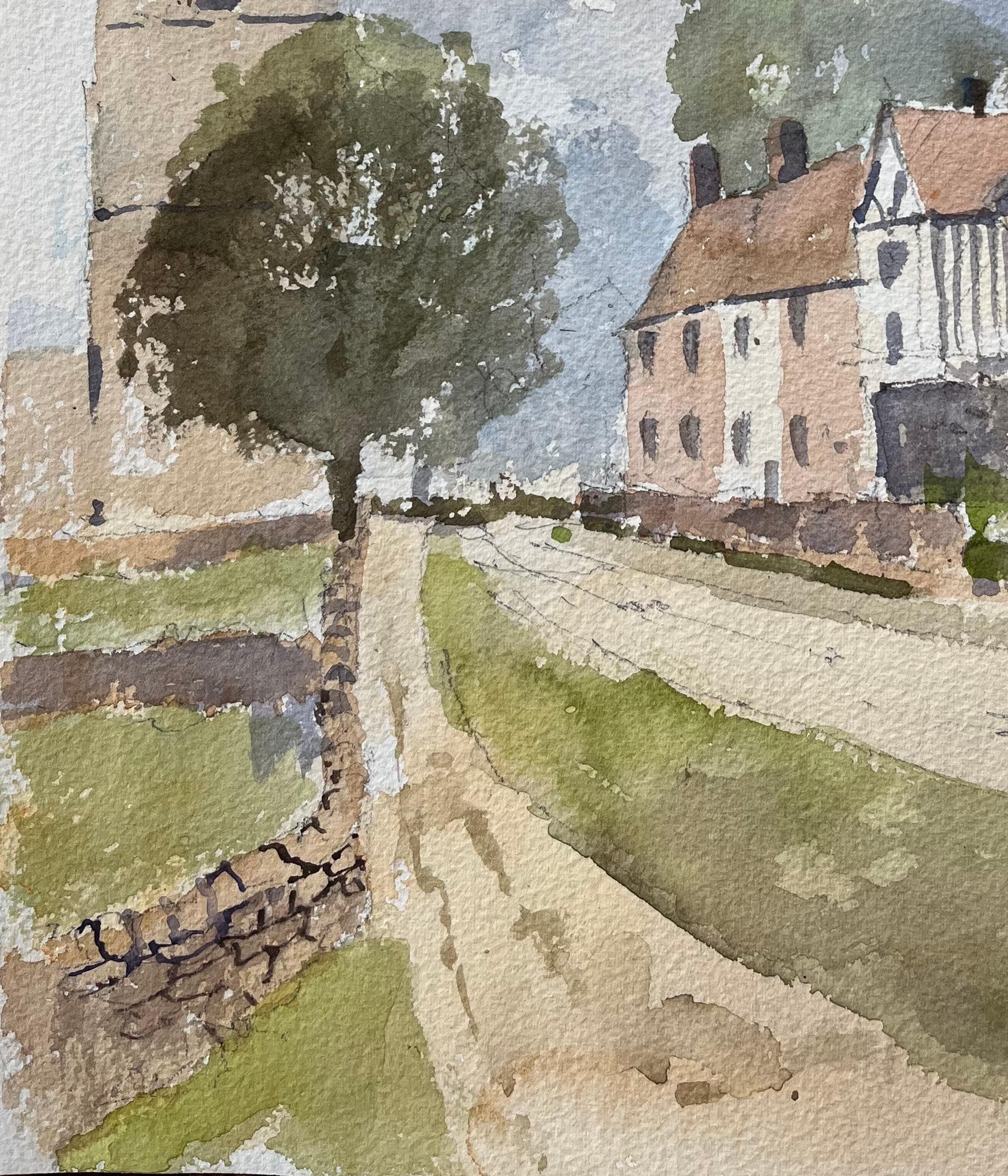 Britisches Original-Aquarell einer Kirche und Tudor-Haus in einem Dorfsitz (Impressionismus), Painting, von Anthony Avery