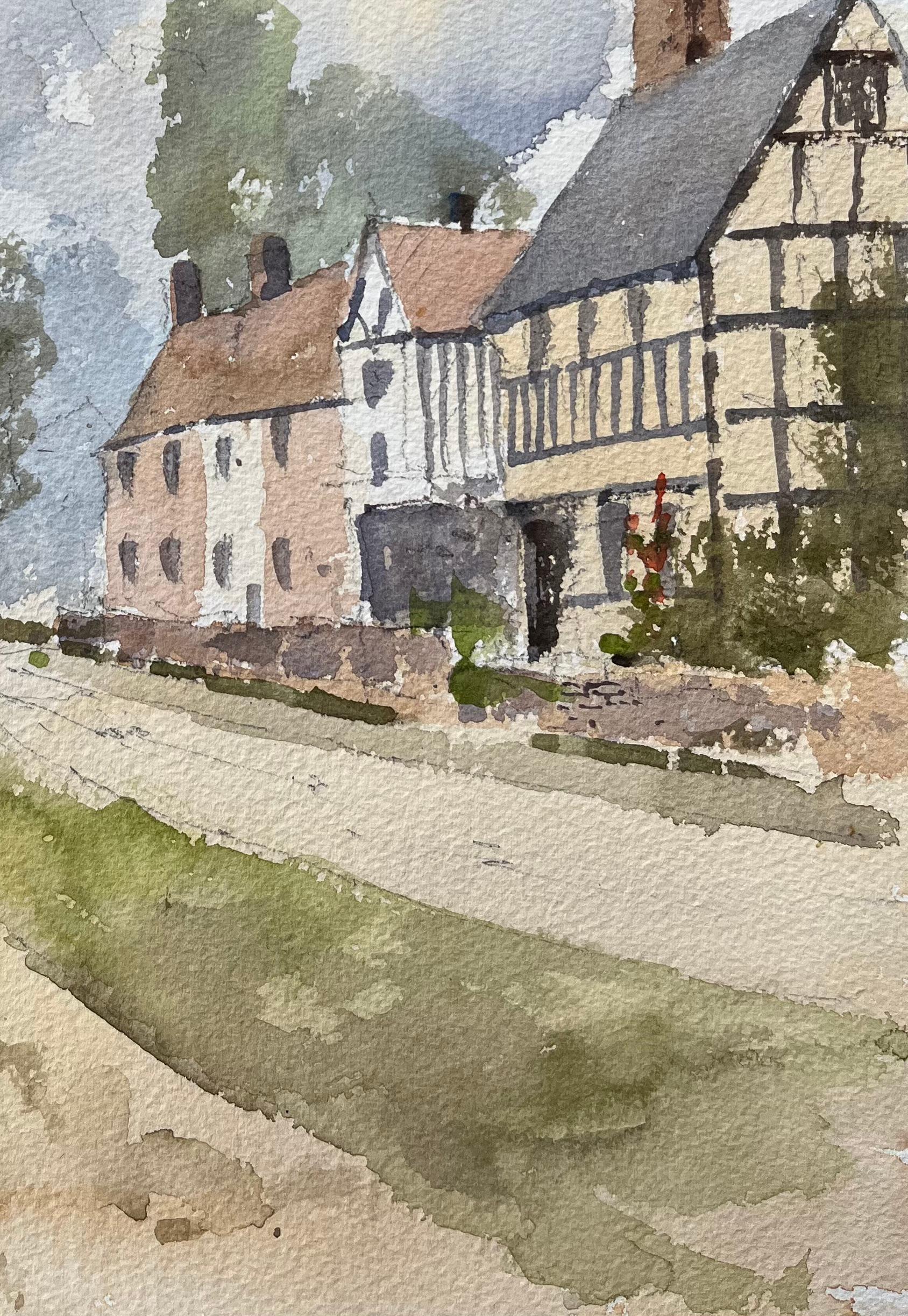 Britisches Original-Aquarell einer Kirche und Tudor-Haus in einem Dorfsitz (Grau), Landscape Painting, von Anthony Avery